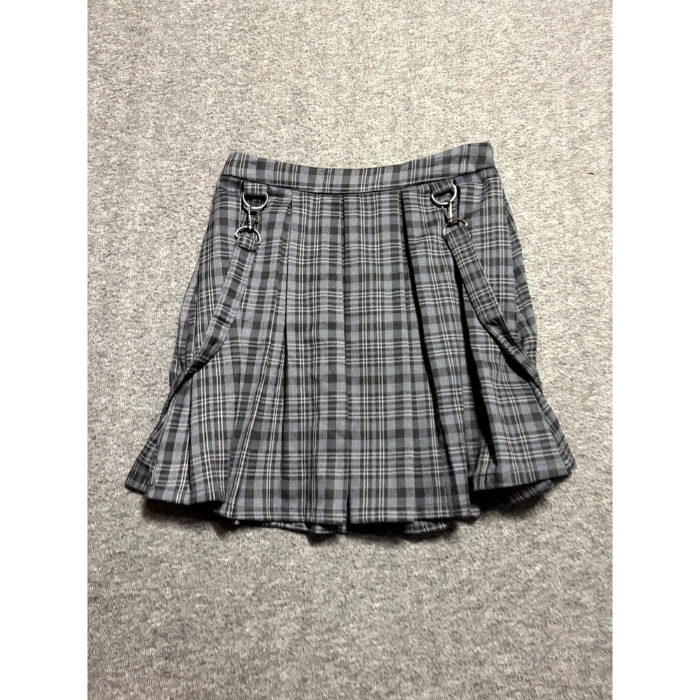 Hot Topic Plaid Suspenders Mini Skirt Womens XS Gray Stretch Pleated Side Zip